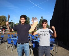 Teddington results day   2 students outside cheering